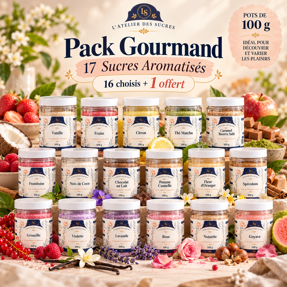 Pack Gourmand – 17 Sucres Aromatisés (16 choisis + 1 offert)