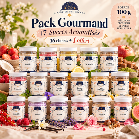 Pack Gourmand – 17 Sucres Aromatisés (16 choisis + 1 offert)